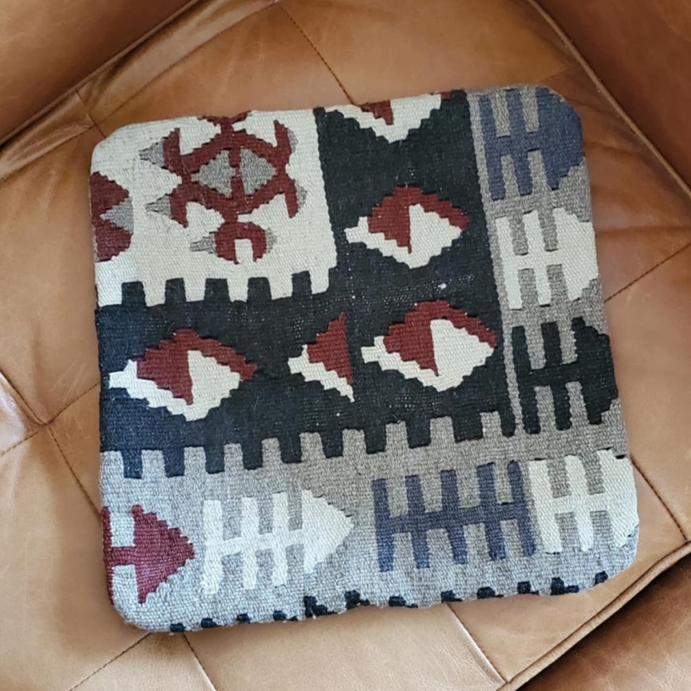 Hand Woven Turkish Old Kilim Wool Brown Red Throw Pillow Cover 14.5" x 14.5”